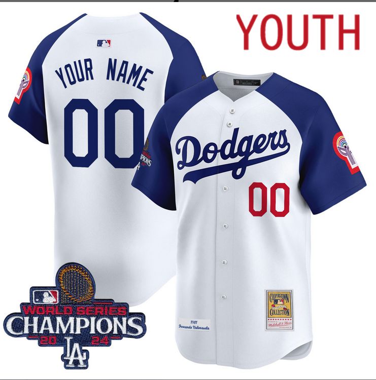 Youth MLB Los Angeles Dodgers Custom white 2024 World Series Champions Patch Cooperstown Jersey style 8